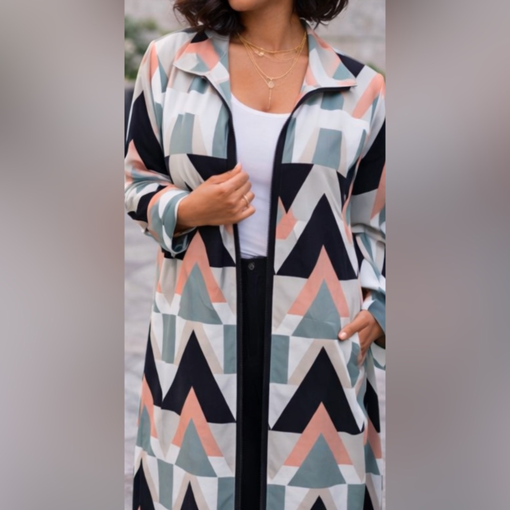 Geometric Chevron Maxi Shirt Dress Long Button Front Jacket Black Sage Peach